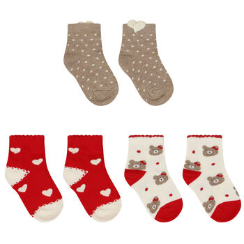 Baby Girls Red, Ivory& Beige Socks (3 Pack)